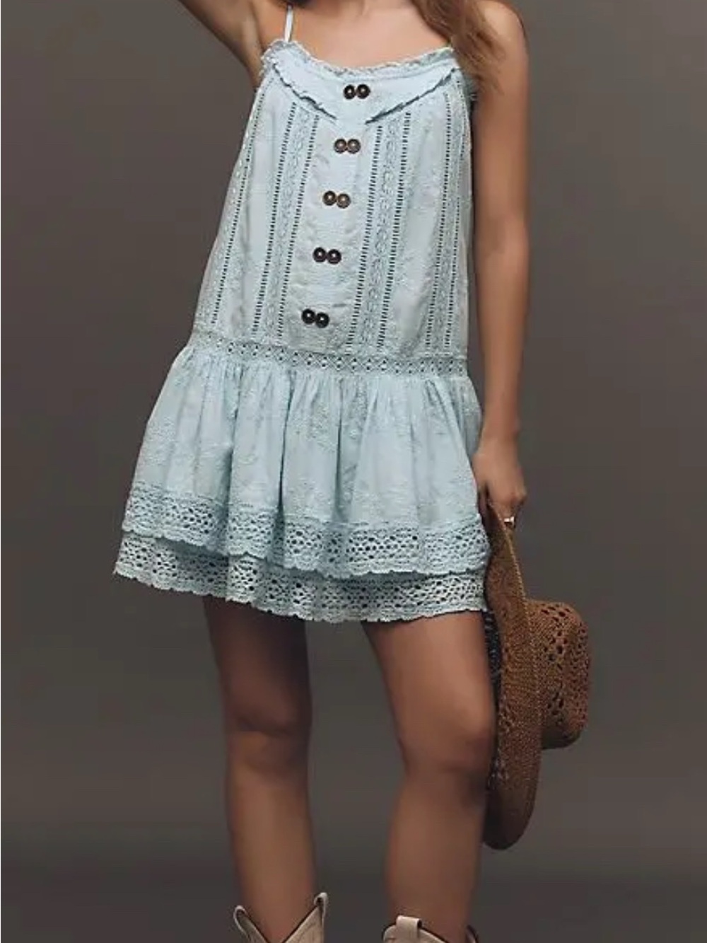 XL Anthropologie Pilcro Light Blue Lace-Trim Spaghetti-Strap Mini Swing Dress
